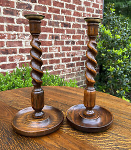 Antique English Barley Twist Candlesticks Candle Holders Oak Pair 12 5 Tall