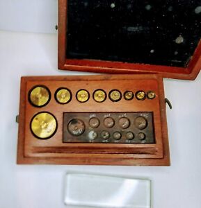 Vintage Brass Scale Weights In Wood Box