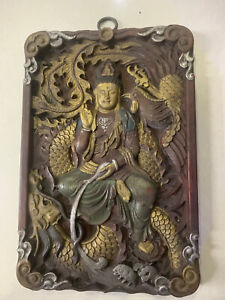 11 8 Inches Huge Tibetan Old Wood Hand Carved Kwanyin On Dragon Plaque Pendant