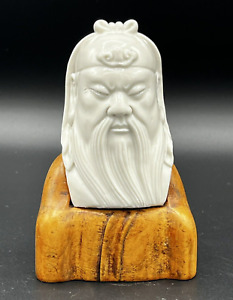 Vintage Japanese Porcelain Man God Sculpture Figurine With Wooden Base