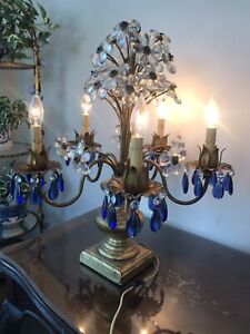 Italian Tole Vintage Candelabra Crystal Flowers And Blue Chandelier Lamp