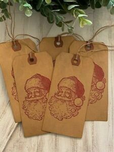 25 Large Red Ink Santa Coffee Stained Primitive Hang Gift Tags Christmas Lot