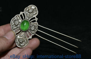 4 4 Rare Old China Silver Inlay Green Jade Gem Dynasty Palace Flower Hairpin