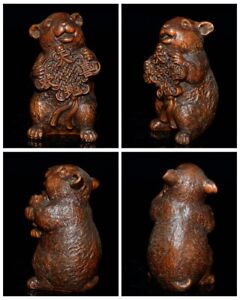 Chinese Vintage Boxwood Wood Carving Exquisite Bear Statue Collection Figurine
