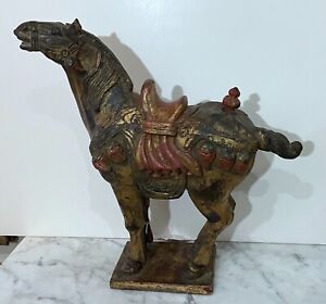 Large Vintage Chinese Tang Dynasty Style Painted Wood Sculpture Of A Horse