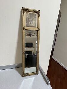 Antique Mirror With Print Top Collectible Display Wall Decor Ornate Frame 29x8 