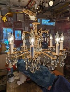 Vintage Lighting 1960s Hollywood Regency Brass Large Crystal Chandelier 21 Wide