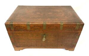 Antique Anglo Indian Brass Inlaid Stationary Box Chest With Fitted Interior