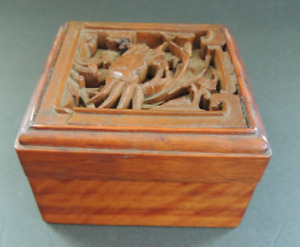Vintage Antique Chinese Hand Carved Wooden Box With Crab On Cover