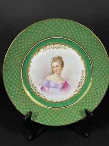 Old Sevres Hand Painted Portrait Plate D De Bassano Signed Marin W Green Border