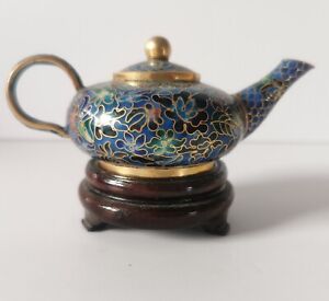 Miniature Oriental Enamelled Teapot Vintage Chinese Cloisonne Pot Stand 8