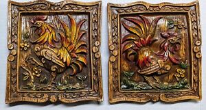 2 Vintage Fighting Rooster Faux Wood Wall Decor Plaques