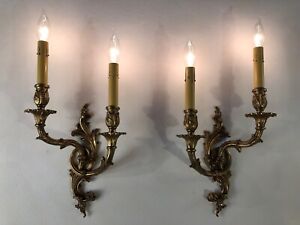 Pair Of Vintage Antique French Brass Crystal Wall Sconces Lamp 1970s Eb9002 P