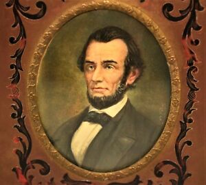 Abraham Lincoln Antique Original Signed Boule Inlaid Miniature Portrait Painting