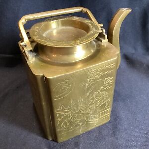 Antique Or Vintage Chinese Brass 2 Handle Tea Pot Finely Decorated W People