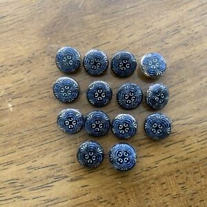14 Antique Buttons Blue Glass In Metal Enamel Painted Victorian Glass