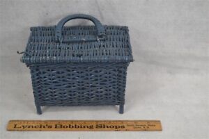 Antique Basket Wicker Sewing Wood Legs Painted Blue Small 6x7 Original