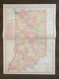 Large 21 X 28 Color Rand Mcnally Map Of Indiana 1905