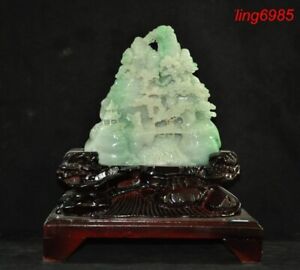 Chinese Jade Emerald Jade Carved Fengshui Lucky Pine Old Man Landscape Statue