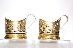 Pair Of Russian Soviet Silver Niello Coffee Tea Cup Holder Gilt Floral 875 129gm