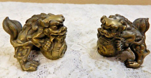 Vintage Pair Bronze Brass Foo Dogs Guardian Lion Statues Excellent 