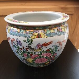 Antique Chinese Oriental Asian Pot Porcelain Fish Bowl Planter Birds Trees