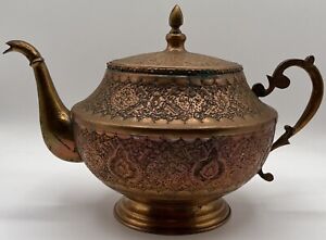Antique Persian Etched Copper Silver Plated Teapot