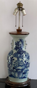Antique Chinese Green Celadon Ground With Underglaze Blue Decoration Table Lamp
