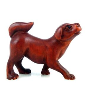 Boxwood Hand Carved Japanese Netsuke Dog Puppy Walking W 1 Leg Out 08172305