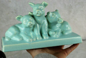 French Art Deco Faience Craquele 3 Dogs Statue Turquoise Sculpture