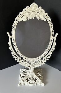 Victorian Revival Shabby Decor Ornate Swivel Mirror On Stand Cream Color