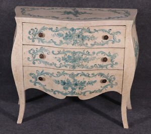 Charming Blue White Venetian Paint Decorated Bombe Commode Dresser Cabinet