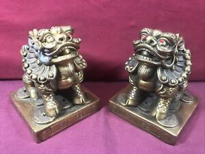 2 Chinese Brass Feng Shui Lion Foo Dog Beast W Coins In Base 4 Tall