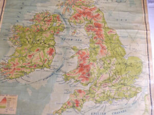 Vintage Pull Down Physical Political Map Of Great Britain Ireland 50 X 42 3 4 