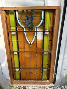 Antique Heavy Leaded Stained Glass Window Wood Frame