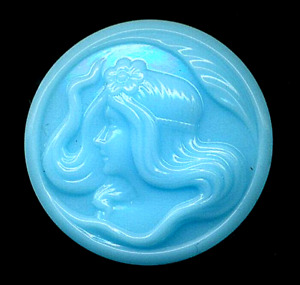 Vintage Turquoise Blue Glass Button Art Nouveau Woman Mucha Inspired