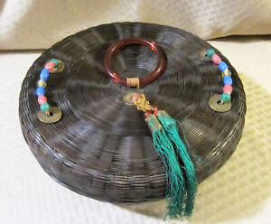 Large Antique Wicker Chinese Sewing Basket With Coins Beads Tassels