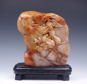 Vintage Shou Shan Stone Hand Carved In Relief Pine Trees Figurines 091115