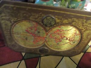 Vintage Large World Map Globe Brown Gold Metal In Frame 42 