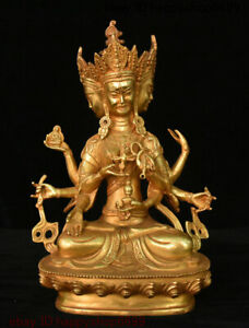 Antique Tibet Bronze Gilt 3 Head 8 Arms Namgyalma Ushnishavijaya Buddha Statue