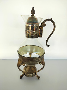 Vintage Silver Plate Glass Coffee Tea Carafe Pitcher With Warmer Stand