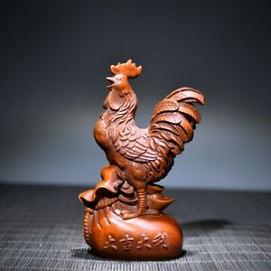 Chinese Vintage Boxwood Carved Exquisite Rooster Statue Wooden Sculpture Decor