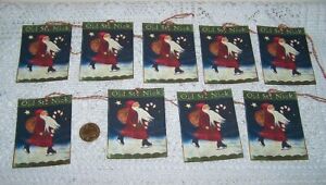 9 Christmas Primitive Folk Art Old St Nick Santa Linen Cardstock Gift Hang Tags