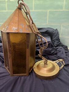 Antique Arts And Crafts Hanging Porch Light Amber Glass Panels 26 Works Fine
