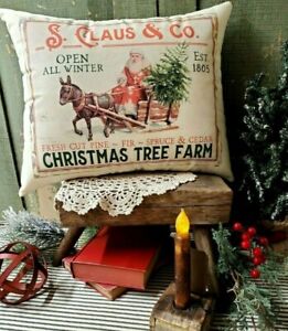 Primitive Vintage Folk Art Cabin Christmas Winter Santa 1805 Tree Farm Pillow