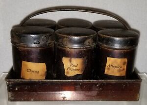 Antique Spice Tin Caddy 6 Original Japanned Tole Canisters Carrier C 1920 S