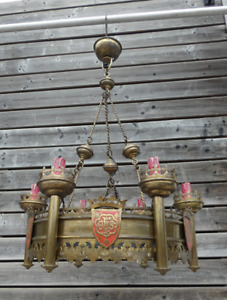 Antique Brass Church Neo Gothic Chandelier Lamp Plaquettes Enamel