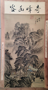 Old Chinese Antique Painting Scroll Landscape With Letter Color On Silk