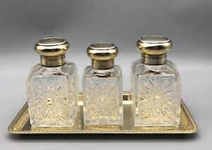 1899 English Sterling Silver 3 Cut Glass Perfume Scent Bottles Dresser Tray