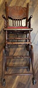 Antique Baby High Chair Rocker Stroller Cast Wheel Hand Cross Point Seat